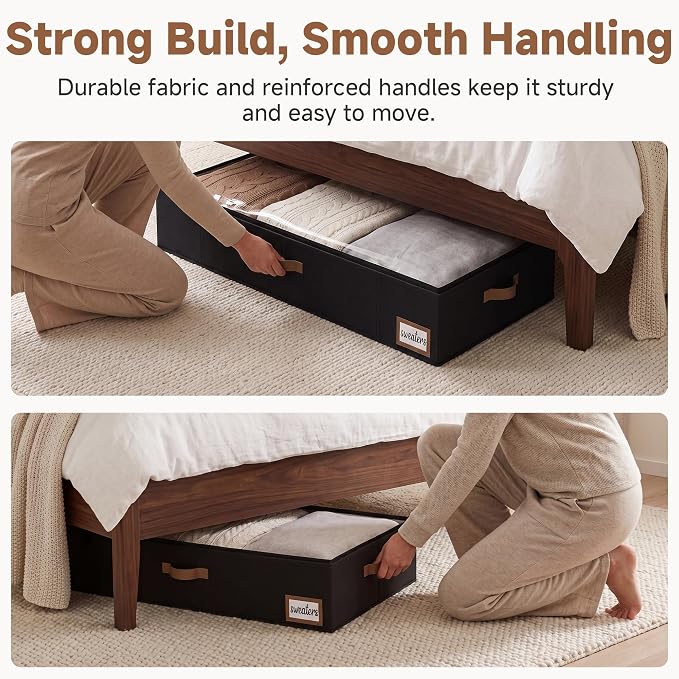 StorageWorks 7 Inch Low Profile Under Bed Storage Containers with Clear Lid | Reinforced Structure, Resists Sagging, Handles & Label Holder, Foldable Stackable Closet Storage for Clothes, Blankets, Toys