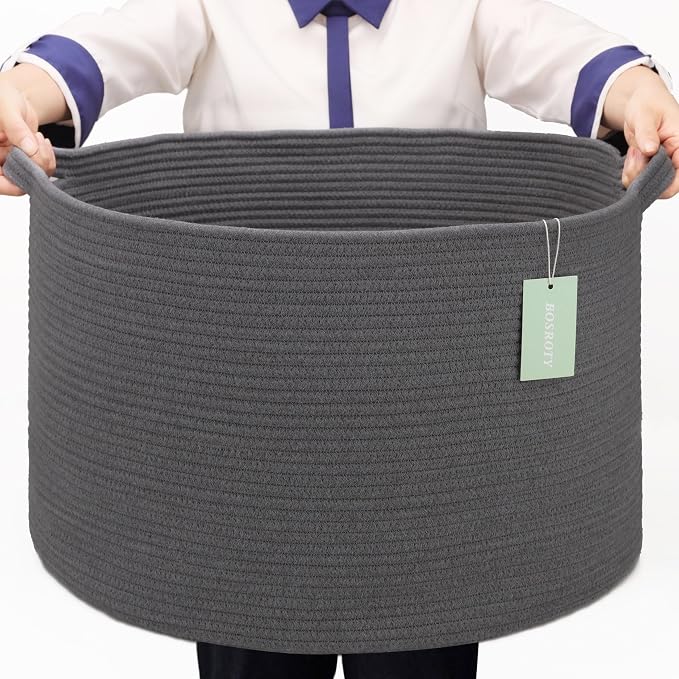 Cotton Rope Basket for Boys Kids, 87L Laundry Hamper, Dark Gray