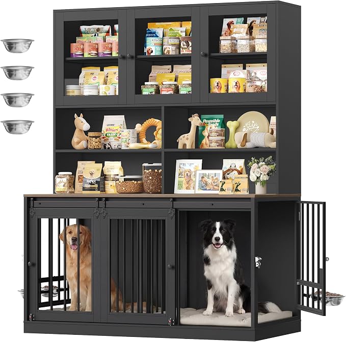 HOSTACK 71" Tall Dog Crate Furniture, Indoor Dog Kennel with Storage, Black | Removable Room Divider, 4 feeding bowls, Adjustable Shelves, Metal Lock & Spring Latch, Farmhouse Pet House for XL/XXL Dogs