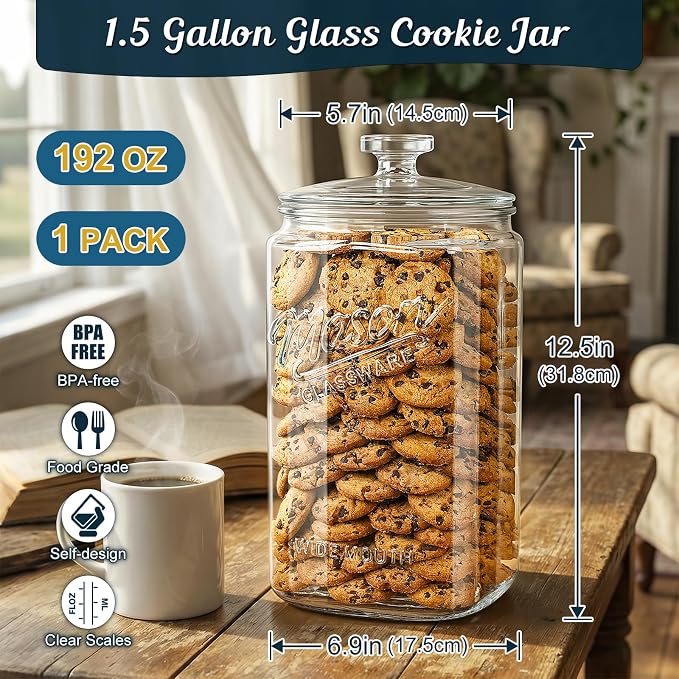 1.5 Gallon Glass Cookie Jar, 1 Pack Large Food Storage Container | Tall Glass Jar with Airtight Lid and Silicone Gasket, Wide Mouth Sourdough Starter Jar for Pantry Storage, Dog Treats, Candy