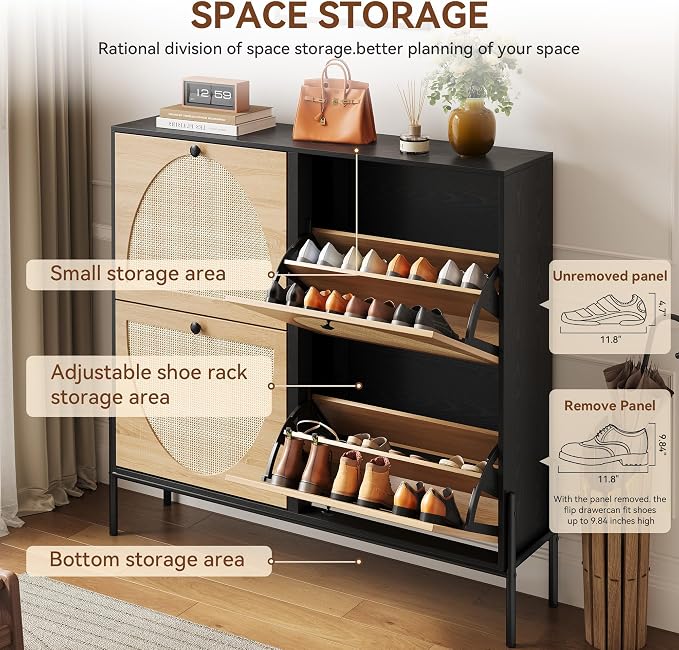 Rattan Shoe Cabinet Storage,Narrow Shoe Rack for Entryway with 4 Flip Drawers, Freestanding Wooden Shoe Organizer Cabinet with Metal Legs for Hallway (Black + Natural, 4 Flip Drawers)