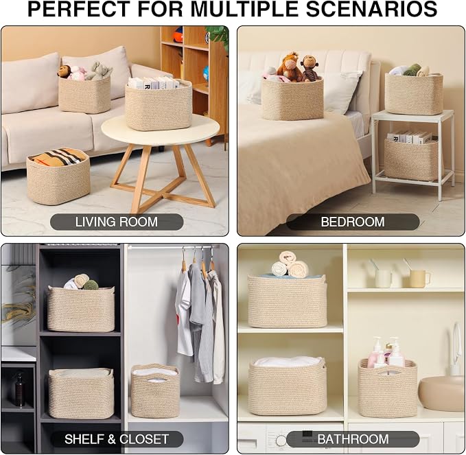 Storage Baskets for Organizing Shelves 14.8×11×9.5 Mixed Brown | Woven Cotton Rope Bins for Storage, Dog Toys, Cute Shelf Basket for Living Room Bedroom Bathroom Nursery, 3 Packs