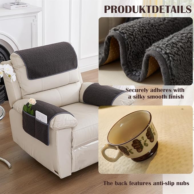 Sherpa Fleece Armrest and Headrest Covers with 2 Pockets | Soft fleece with nonslip silicone backing helps protect leather and fabric furniture from pet scratches machine washable