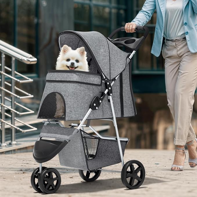 Magshion 3-Wheel Pet Stroller for Small/Medium Dogs & Cats, Up to 33lbs | Foldable Travel Jogger w/ Breathable Mesh Cover, Lightweight Design, Safety Tethers, Cup Holder & Storage Basket