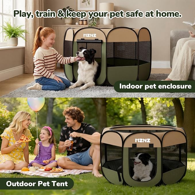 Dog Cat Small Animal Puppy Playpen Crate, Large, Olive Green | Portable Pop Up Pet Cage Enclosure Tent Kennel Indoor Outdoor with Carrying Case, No Assembly, Camping Use