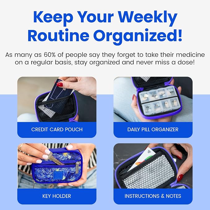 Made Easy Kit Pill Case for Everyday and Travel - 7-Day Weekly Medicine Supplement Vitamin Organizer Sorter Tracker - Neoprene Bag with Pockets - Compact Portable 8 Compartments (Blue Starry Night)