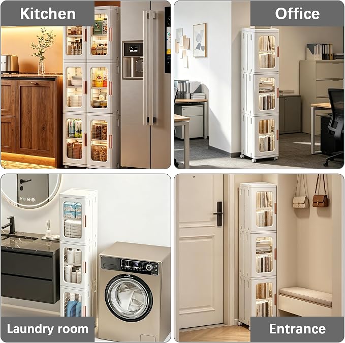 Tall Narrow Storage Cabinet with Movable Wheels, Adjustable Shelves & Magnetic Doors – Foldable Slim Plastic Organizer for Bathroom, Kitchen, Laundry, Ideal for Small Spaces(4-Tier,White)