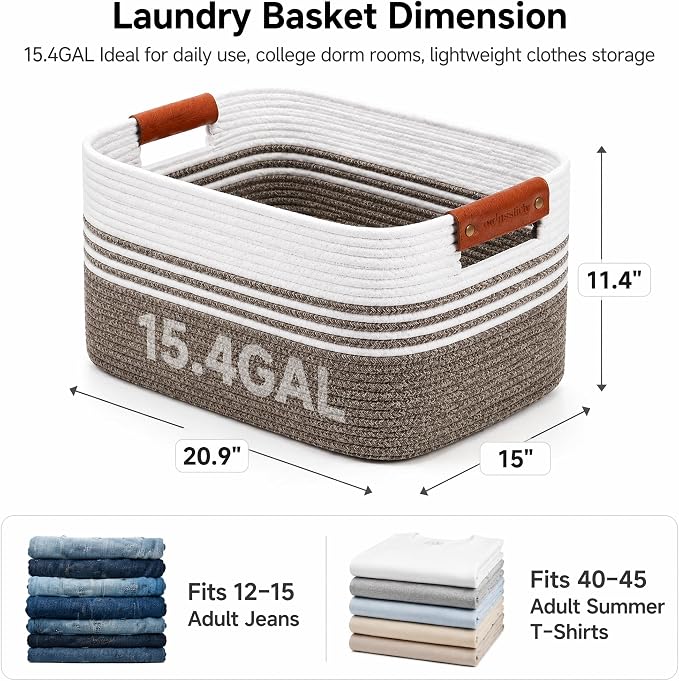 Cotton Rope Laundry Basket Medium, 15.4GAL Collapsible Woven Storage Baskets for Living Room Kids Toys Stuffed Animal,Boho Rectangular Decorative Short Hamper for Dirty Clothes, Blankets Dark Brown