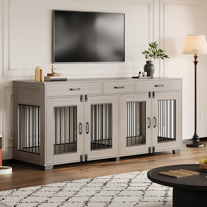IDEALHOUSE Large Double Dog Crate Furniture with Storage Drawers, Grey | Wooden Dog Kennel with Divider, 3 Drawers, TV Stand, Heavy Duty Dog Bed & Sofa for Medium and Large Dog, 71 Inch Dog Cage