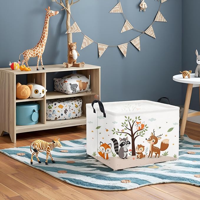 Rectangular Woodland Animal Basket Kids Baby Storage Basket Storage Bin Organizer Box Animal Room Decor(Spring Animal)