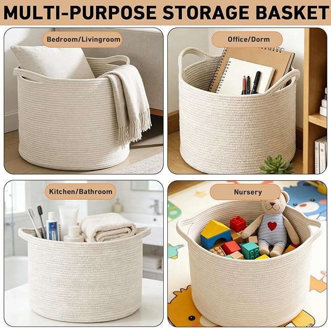 90L Large Blanket Basket,Rope WovenLaundry Basket-White | Collapsible, reinforced handles, nursery storage bin organizes clothes, toys and pillows for living room, bedroom bathroom