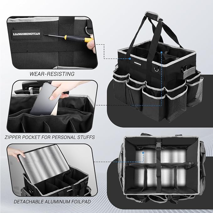 Large Rolling Cleaning Caddy Bag, Cleaning Caddy with Wheels with Detachable Trolley for Housekeepers, Water Resistant Cleaner Supplies Organizer with Wheels for Kitchen, Car, Picnic (Black-Grey)