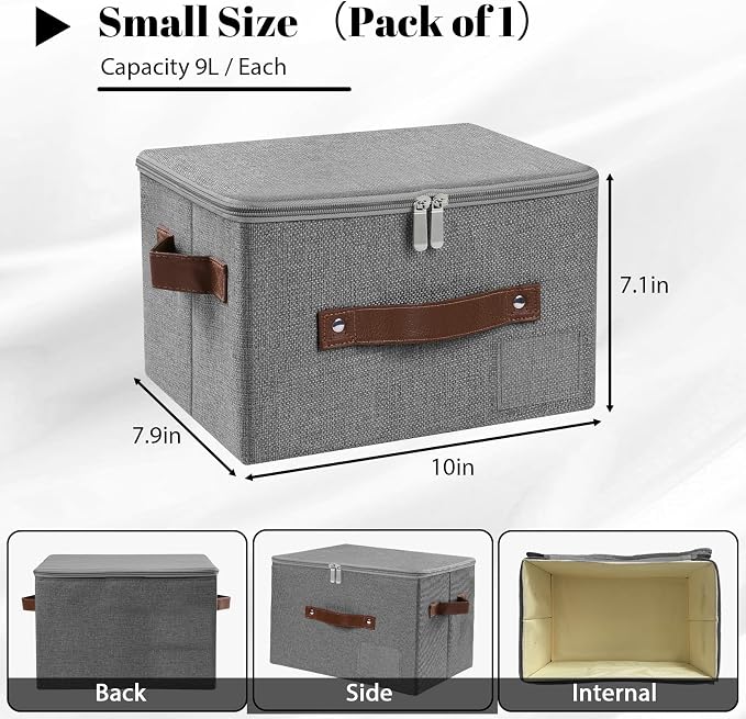 ANMINY Small Storage Box Fabric Bins with Zipper Lid, 10"x8"x7" Gray | Keepsake Box, Decorative, Cotton Linen, Reinforced PP Board Frame, Washable, Stackable & Foldable, Label Holder & PU Handles