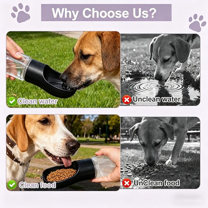 Portable Dog Water Bottle with Food Container, Drinking Bottle for Travel | 2 in 1 Dog Water Bowl, Leak Proof Pet Water Dispenser, BPA Free, Puppy Essentials, for Walking Hiking (Black,19oz)