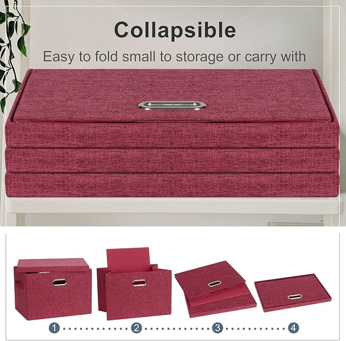 Storage Bins with Lids Fabric Closet Organizers Cubes Office Organization | 36 Quart 3 Pack Bright Red Collapsible Stackable Linen Fabric 4 Handles Bedroom Closet Cabinet Under Bed Clothes Toy Office