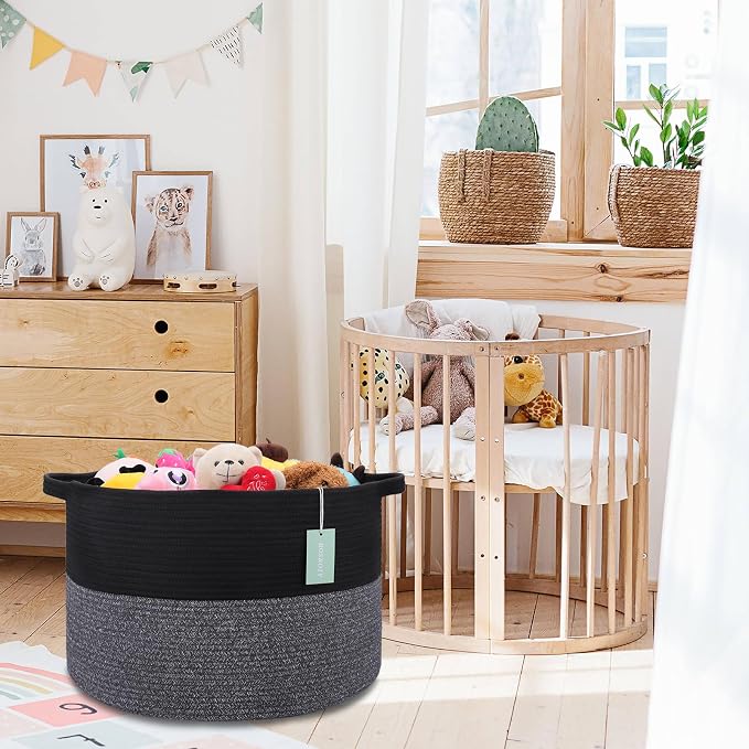 Large Cotton Rope Blanket Basket, 87L Laundry Hamper, Black & Gray
