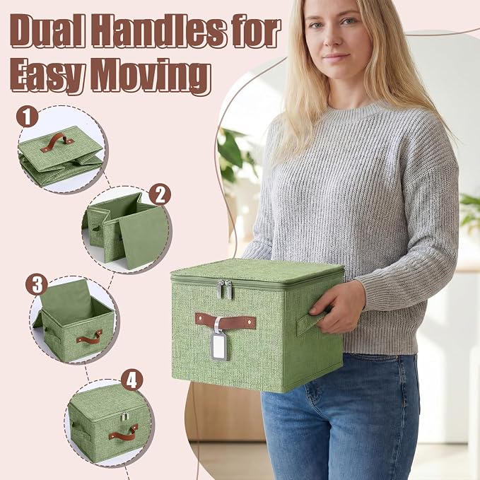 6 Pack Fabric Bins with Lids, 10 x 8 x 7 Inch Fabric Storage Bins with Zipper Lids and Labels, Decorative Foldable Storage Cubes with Handles for Closet Nursery Shelf Organization, Green