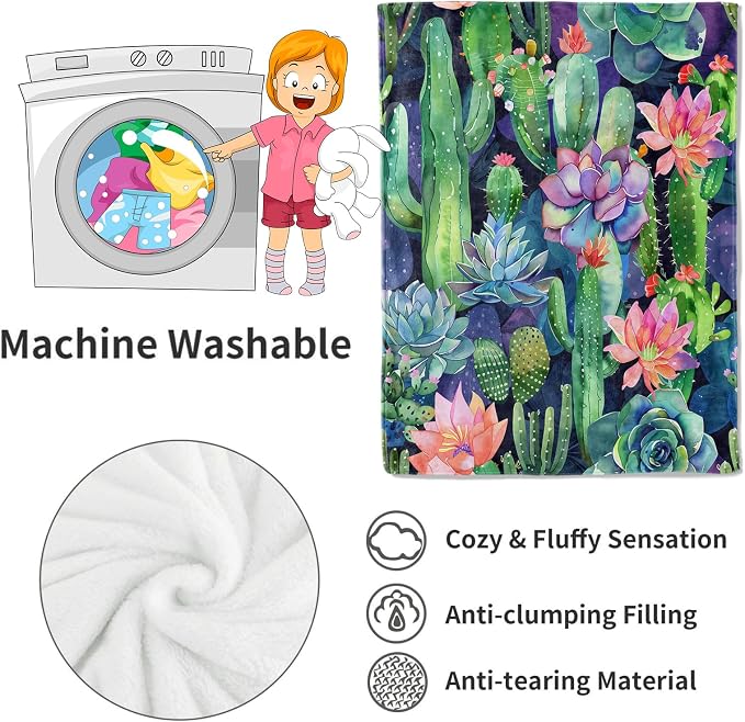Succulent and Cactus Blanket Plant Garden Throw Blankets Gifts for Kids Adult Lightweight Soft Fleece Cozy for Sofa Couch Bed Room Birthday Boho Spring Decor 50x60in