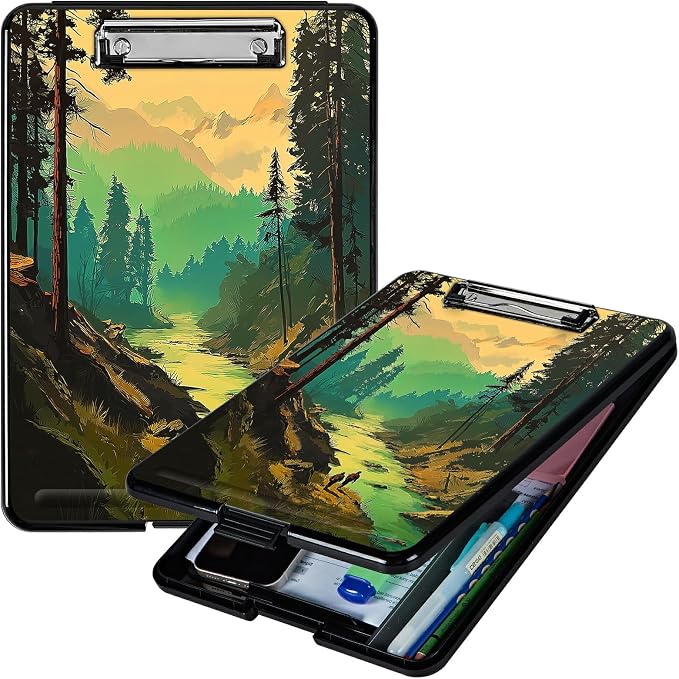 Heavy Duty Storage Clipboard, Slim Nursing Clipboard with Internal Pen Case, Portable File Organizer Case for A4 Letter Size Paper Office Medical Professionals, Green Forest Creek