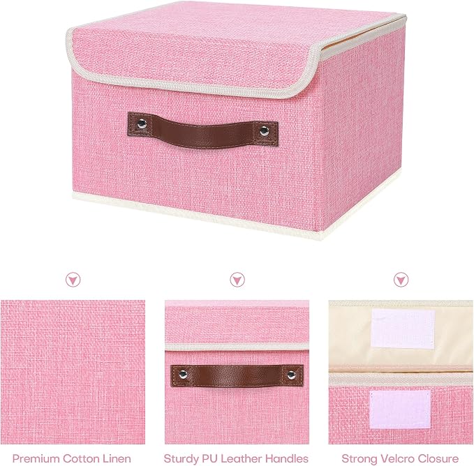 ANMINY Fabric Storage Box Bins with Lids, Pink, 10"x8"x7", 4 Pack | Keepsake Memory Storage, Cotton Linen, PP Board Reinforced, Washable, PU Handles, Foldable & Stackable, Decorative, Small