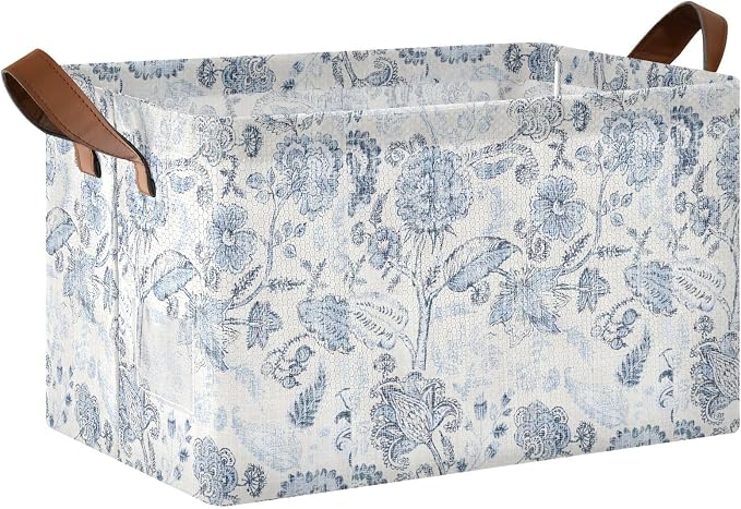 Vintage Blue Floral Rustic Retro Ethnic Storage Bins for Shelves with Labels&Handles Fabric Organizer Bin Foldable Rectangle Storage Basket Boxes for Closet, Bathroom, Home, Living Room