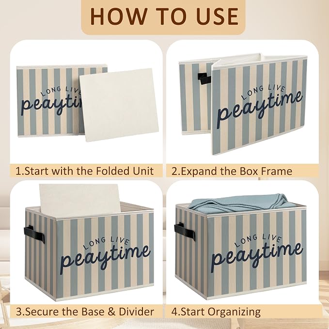 Playroom Foldable Storage Bins Box with Handles, Kids Playroom Decor, Blue Striped Long Live Playtime Decorative Storage Boxes Baskets Toybox Organizer for Kids Nursery Room Bedroom