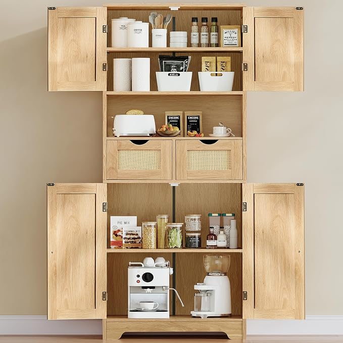 TEENFON 57.8" H Tall Storage Cabinet with 2 Drawers & 2 Adjustable Shelves, Rattan Cabinets with 4 Doors, Cupboard, Kitchen Cabinets, Pantry Cabinet, Tall Cabinet for Living Room, Entryway, Natural