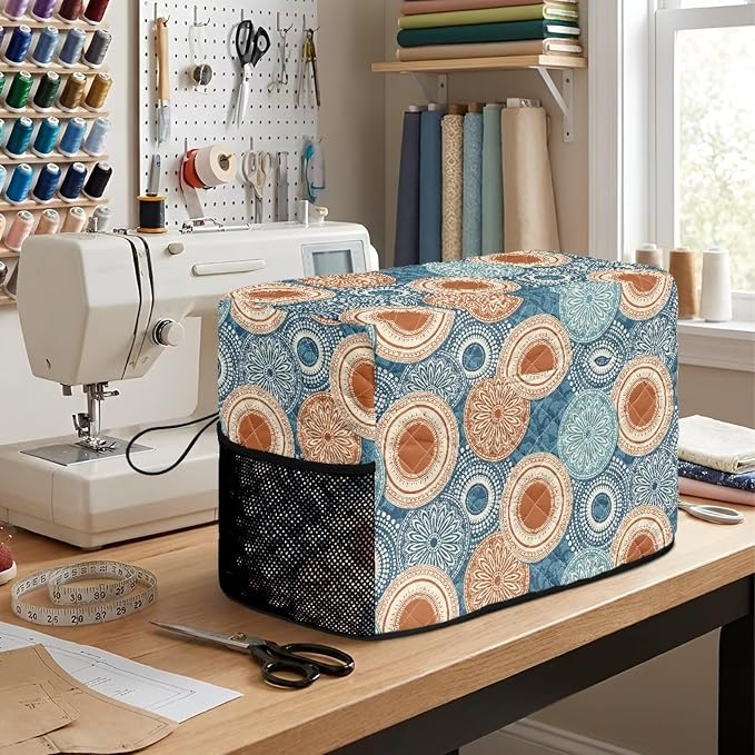 Sewing Machine Cover Polyester Febric Mandala Circle Vintage Print | Dust Pet Hair Protection,Quilting Design,Fits Standard Singer,Brother Janome Machines,Protecting Decorating Your Sewing Space