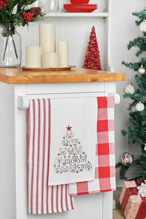 C&F Home Dog Faces Christmas Tree 100% Cotton Flour Sack Dishtowel Xmas Festive Winter Holidays Cute Home Kitchen Drying Dish Hand Towel Machine Washable Embroidered Decor Decoration 18" x 27" White