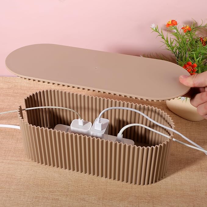 2 Pcs Large Cable Management Box, Plastic Cord Organizer for Power Strips, Surge Protectors, Chargers, Adapters, TV Computer Wires Hider for Home Office Desk, Khaki