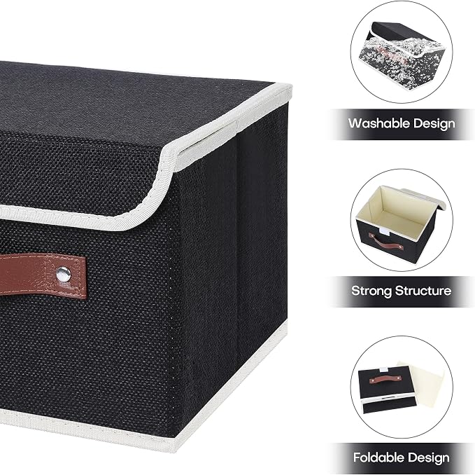 ANMINY Fabric Storage Box Bins with Lids, Black, 10"x8"x7", 2 Pack | Keepsake Memory Storage, Cotton Linen, PP Board Reinforced, Washable, PU Handles, Foldable & Stackable, Decorative, Small