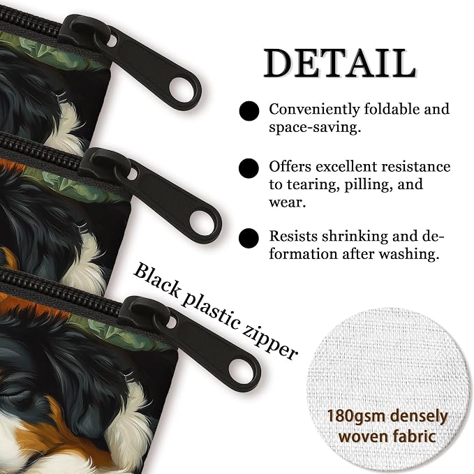 Fall Bernese Mountain Dog Makeup Bag, Funny Autumn Poppy Flowers Printed Cosmetic Travel Pouch for Women Girls, Pet Portable Small Canvas Zipper Organizer 7x9 Inch