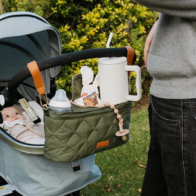 Beautiful Stroller Caddy Organizer With 2 Cup Holders - Zipper Pocket Bag | Luxury Stroller Bag with Universal Fit and Leather Straps - Spacious Accessories Perfectly Fits Doona, Nuna and Uppababy