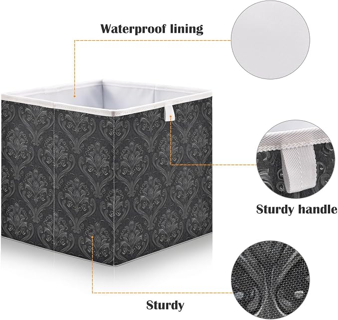Black Damask Cube Storage Bins Collapsible Fabric Storage Baskets Large Clothes Organizer Box for Bedroom Living Room Study Room 11×11×11 In