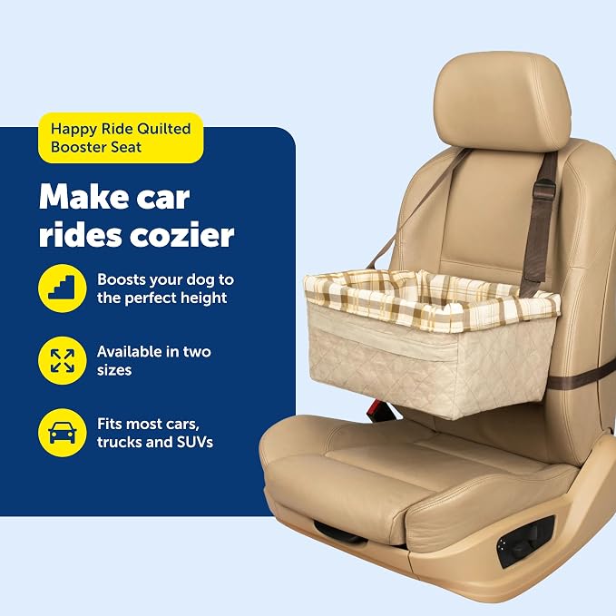 PetSafe Happy Ride Quilted Dog Booster Seat, Tan, Up to 25 lb | Raises Small Dogs to Window Height In Most Cars, Connects to Seatbelt with Safety Tether, Fleece Liner Is Machine Washable