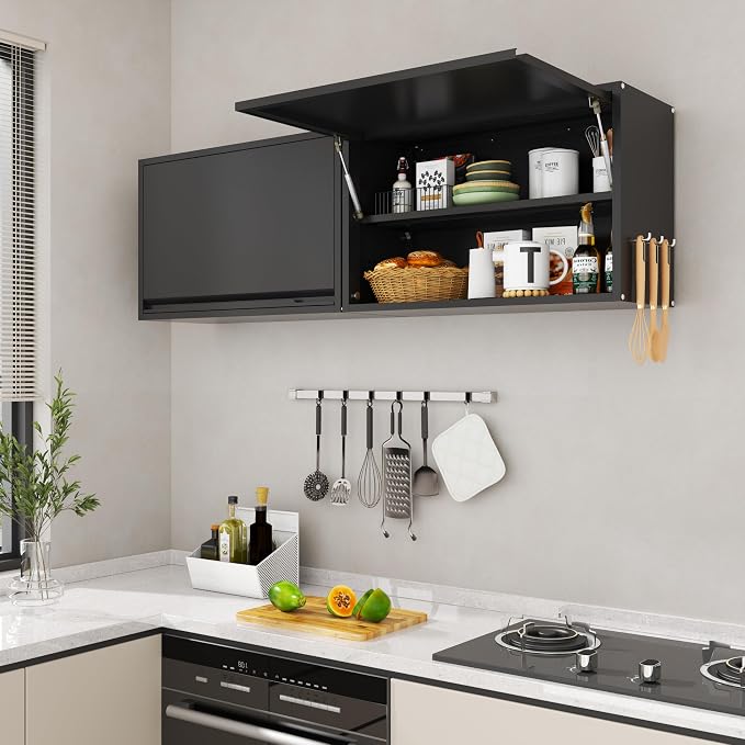 Garage Wall Cabinet, 19.7" H Metal Wall Cabinet with Up-Flip Door | Wall Mounted Metal Storage Cabinet, Upper Cabinet for Kitchen,Garage,Workshop,Warehouse, Assembly Required, Black