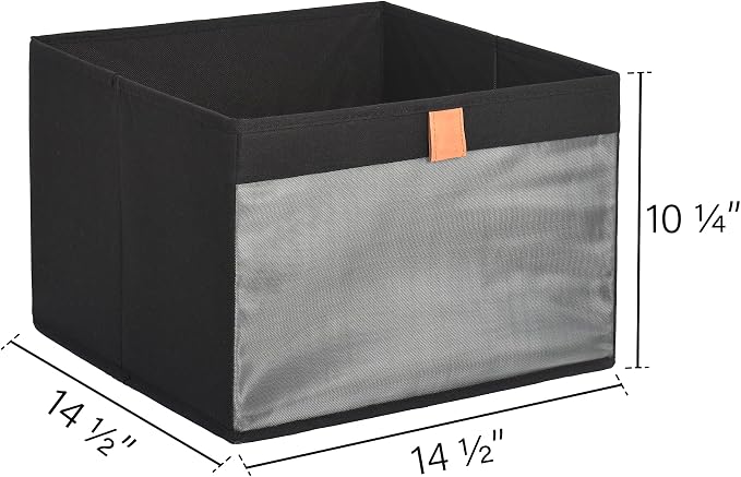 StorageWorks Fabric Storage Bins, Collapsible Storage Basket, Black, 3-Pack | See-Through Mesh Front, Soft Leather Handles, Flip to Show/Hide, Breathable Fabric, Holds Coats, Towels, Blankets, Toys