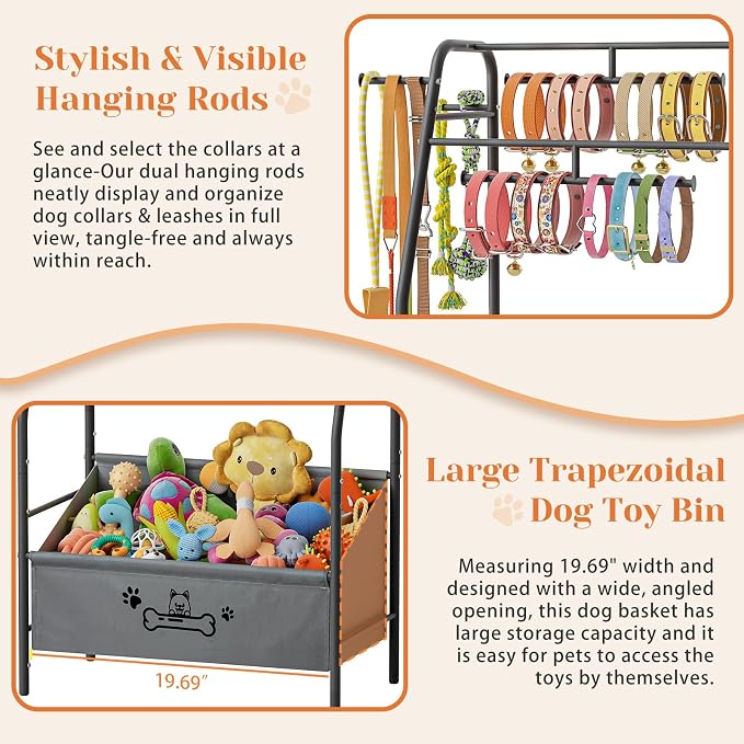 Lomivra Large Dog Toy Basket with Dog Storage Organizer, Trapezoid Toy Bin Box with Collar Leash Holder Hook, Dogs Toy Holder Chest Pet Storage Cabinet for Living Room Dogs Essentials