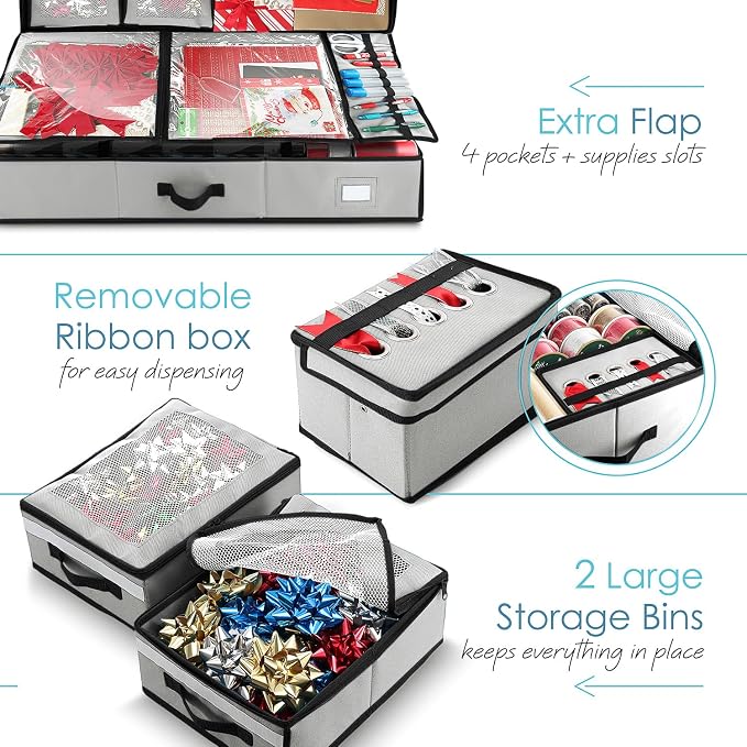 Hearth & Harbor Wrapping Paper Storage Container with Ribbon Dispenser and Interior Pockets - Large Christmas Storage Containers with Wheels, Fits 30 Rolls of 40" Length, Silver