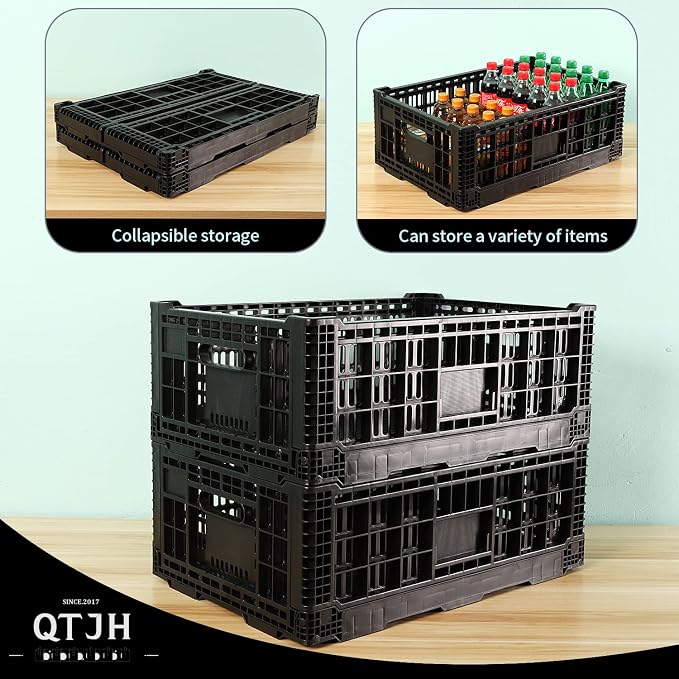 Collapsible Storage Bin Containe，52 Liter Transferheavy duty plastic storage box,milk crates heavy duty Transit storage of various items black (2)