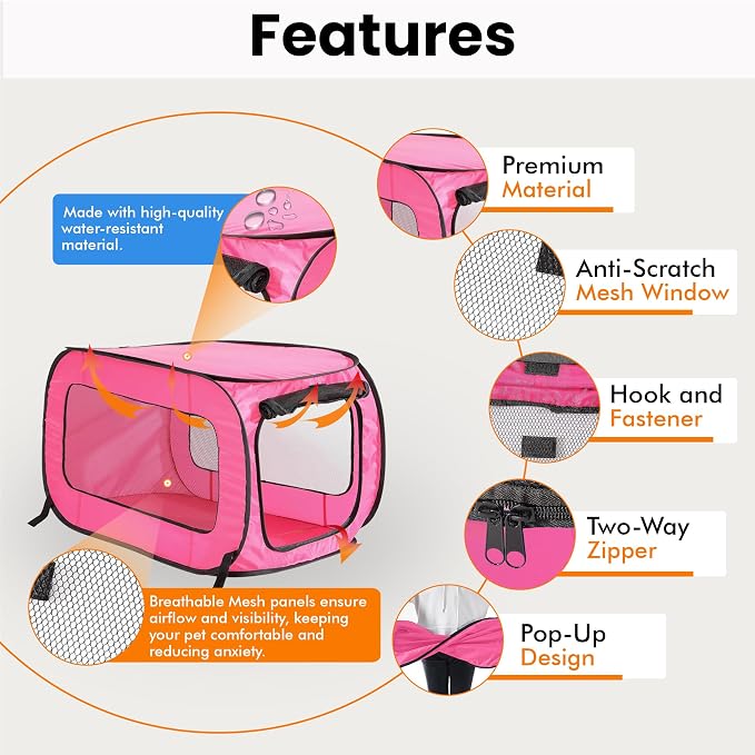 Portable Collapsible Pop Up Kennel, 36" L x 22" W x 22" H, Fuchsia | Collapsible indoor/outdoor travel cat and dog crate with mesh screen windows pops up and folds flat for easy storage