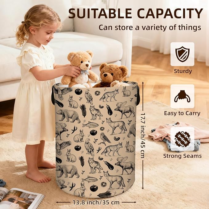 Animals Laundry Hamper for Girls Boys, Baby Nursery Laundry Basket for Bedroom, Round Collapsible Waterproof Storage Bin with Handles for Toys, Storage Basket for Clothes, Room Decor, 13.8x17.7in