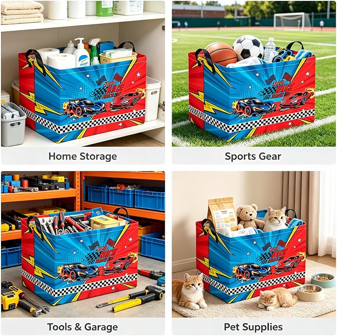 Rectangle Storage Basket with Handles,Collapsible Storage Bin,Books Box,Gift Basket(Red vs. Blue Racing)