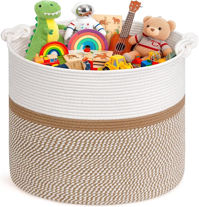 Goodpick 17"x16" Toy Storage for Kids, Home Décor Living Room, Woven Laundry Basket for Blankets Pillows Clothes, Baby Basket for Fall Decorations, White & Camel
