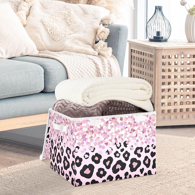 Glitter Leopard Storage Bins with Lids Closet Bedroom 40L Storage Basket | Decorative Storage Boxes, Foldable & Stackable, Dust-Proof Flip Top, Reinforced Handles, For Home & Dorm, Clothes & Toy Box