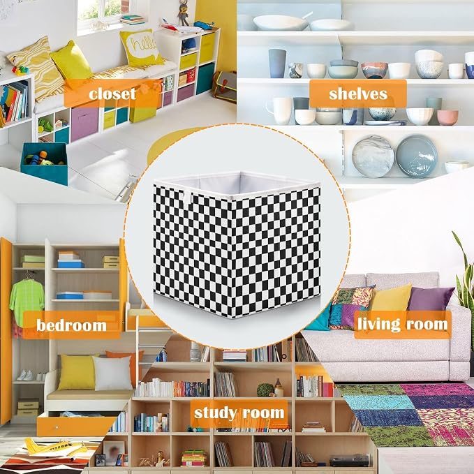 Black and White Checkered Pattern Cube Storage Bins Collapsible Fabric Storage Baskets Large Clothes Organizer Box for Bedroom Living Room Study Room 11×11×11 In