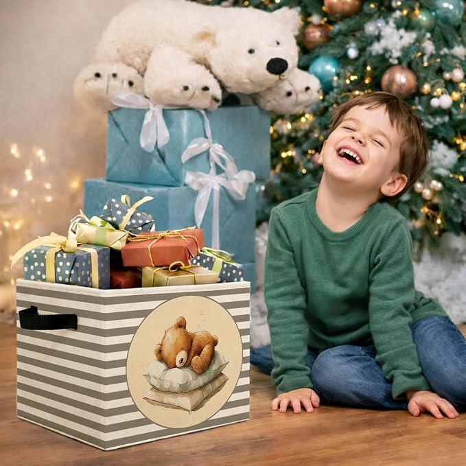 Sleeping Teddy Bear Gray Stripe Foldable Fabric Storage Bin | Sleeping teddy bear gray stripe design; foldable fabric storage bin for kids room, nursery, playroom, toys, books.