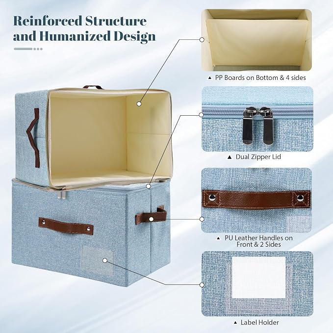 ANMINY Small Storage Box Fabric Bins with Zipper Lid, 10"x8"x7" Blue 3PCS | Keepsake Box, Decorative, Cotton Linen, Reinforced PP Board Frame, Washable, Stackable & Foldable, Label Holder & PU Handles