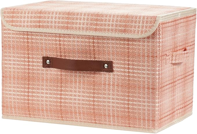 Storage Boxes with Lids Decorative Fabric Bins Baskets Container | Clothes Organizer for Closet Shelf, Collapsible Washable, w/ Faux Leather Handles, Light Salmon (3D Textured), Large