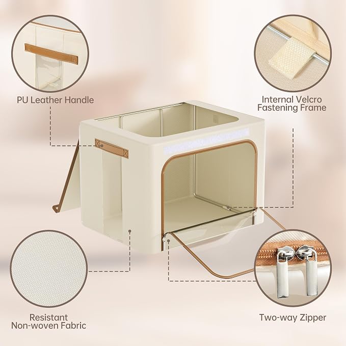 Yecaye Clothes Storage Bins with Lids & Clear Window, Beige, 40L, 3 Pack | Metal Frame, Foldable, Organizer Box Zippers & PU Leather Handles